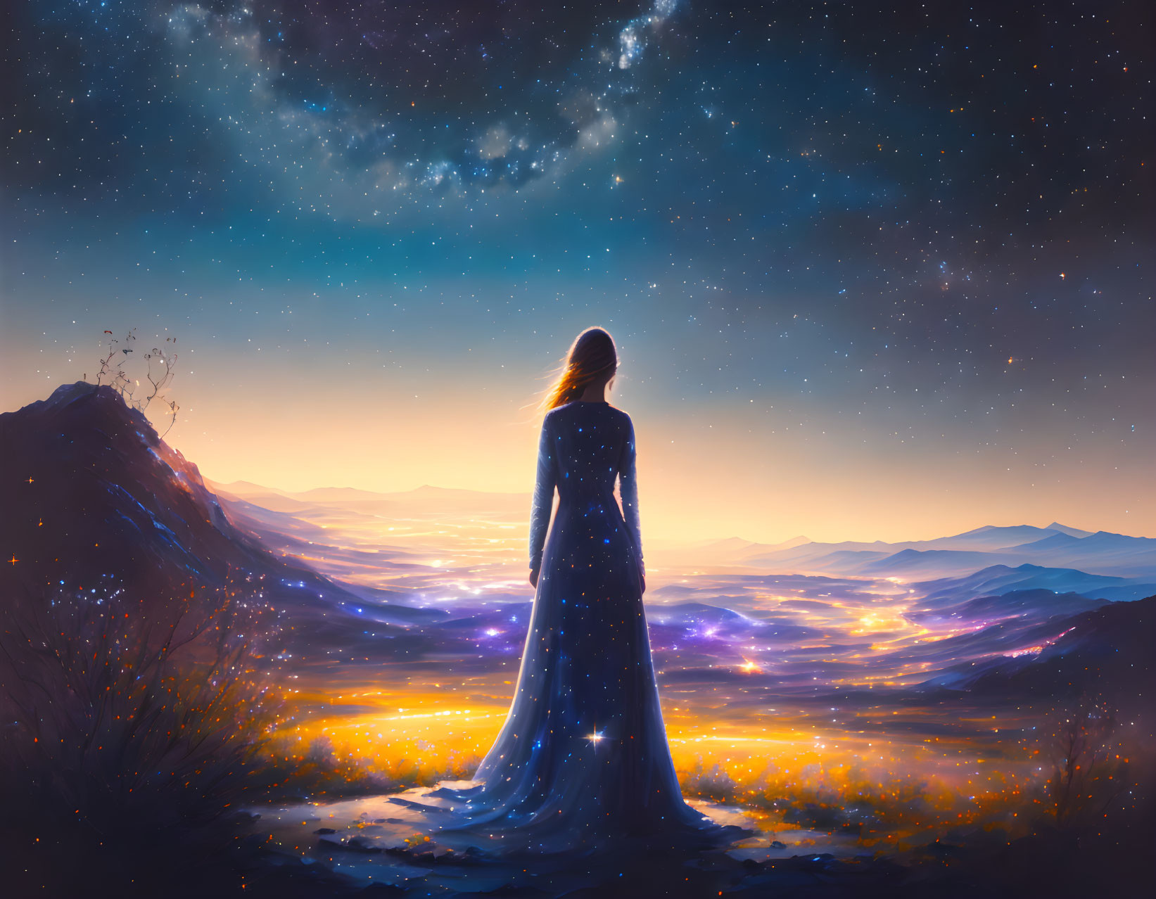 Woman in starry gown admires vibrant sunset landscape under night sky with stars and nebula.