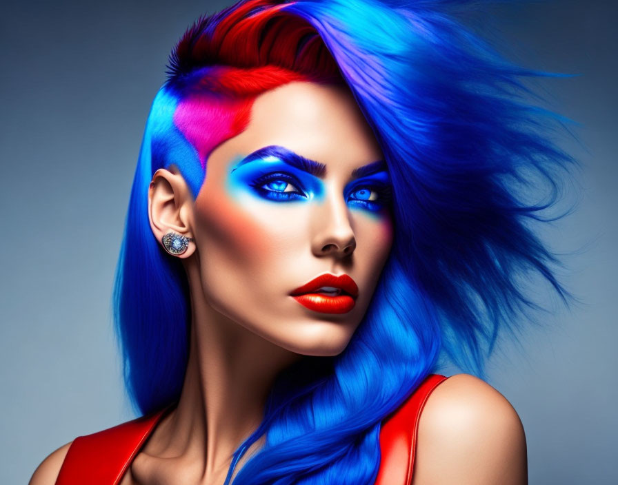 Vibrant blue and red hair woman with striking makeup and outfit