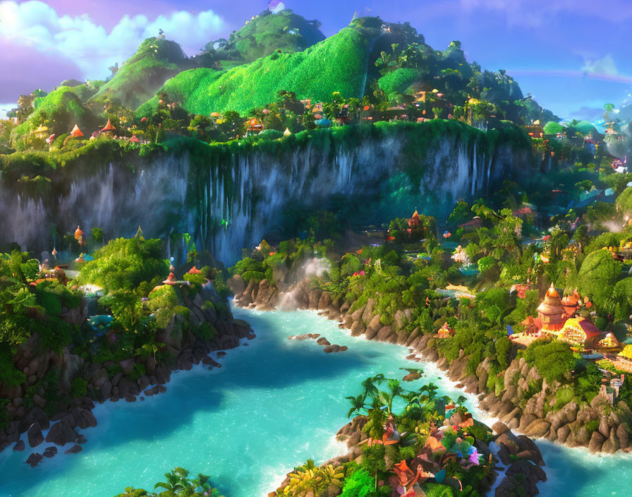 Vibrant animated landscape with green mountains and waterfalls