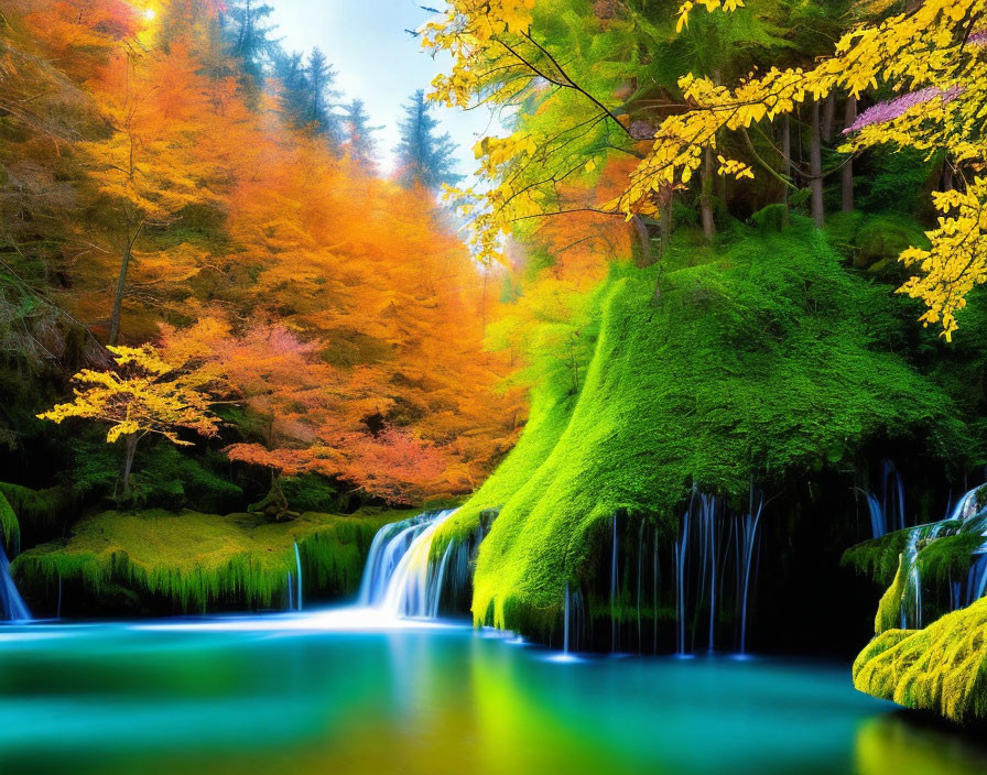 Tranquil waterfall with moss, autumn trees, and blue pond