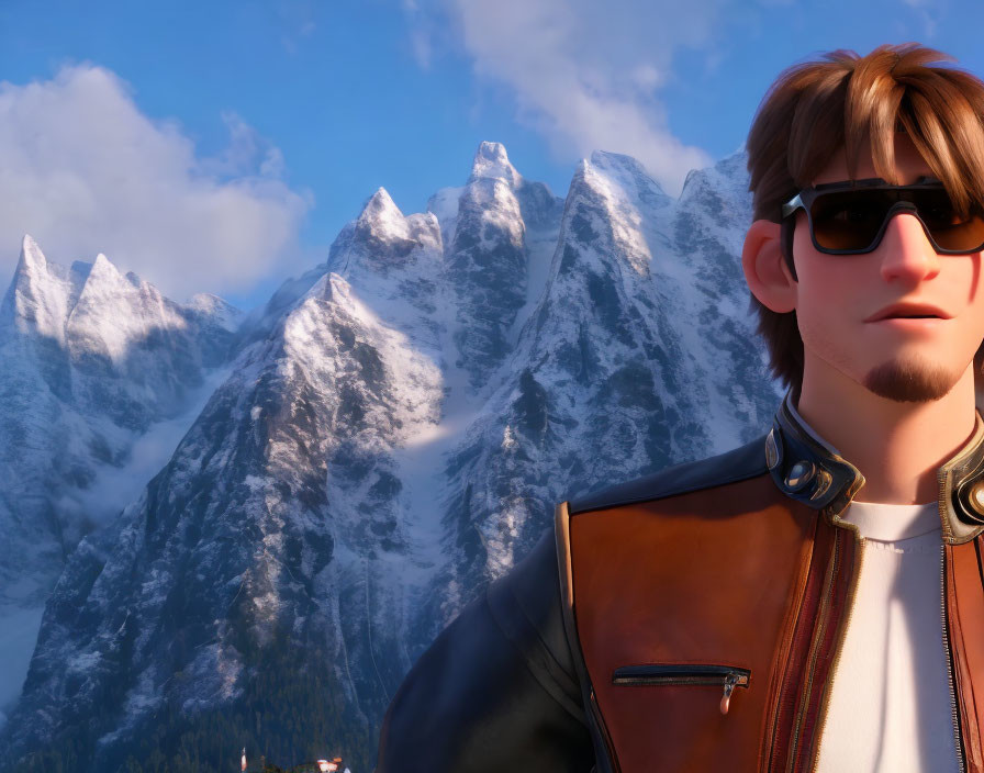 Stylized male character with sunglasses and snow-capped mountain peaks in background