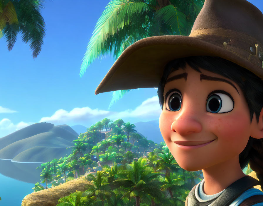 Brown-hat animated character on tropical island with palm trees and mountains.