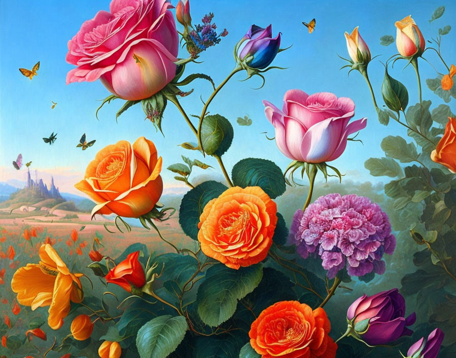 Colorful Roses and Butterflies in Full Bloom on Blue Sky Background