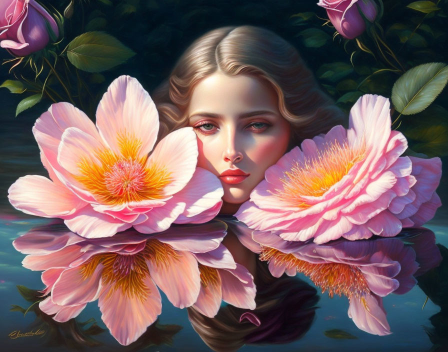 Woman's Face Surfaces Among Pink Peonies and Water