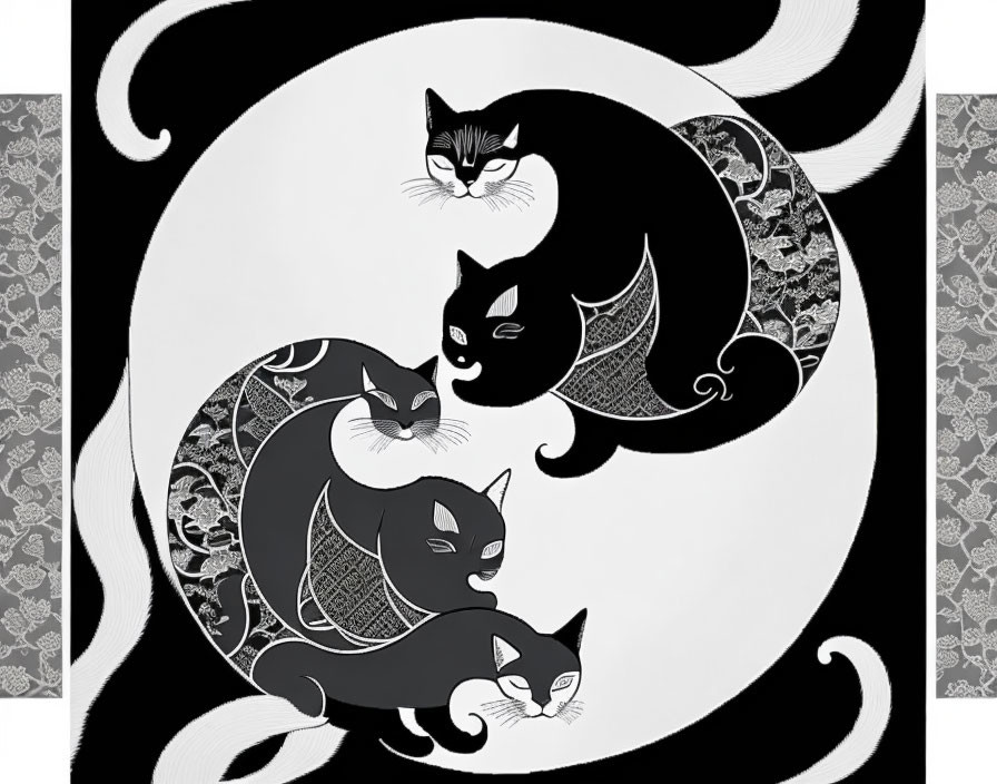 Stylized black and white cats in yin-yang pattern on decorative background