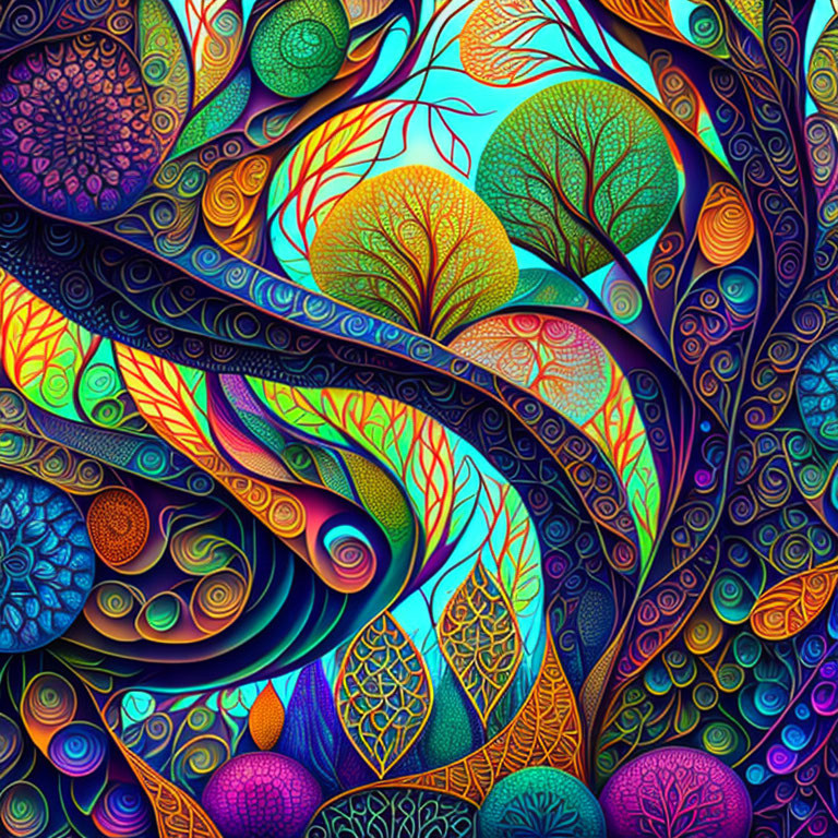 Colorful Psychedelic Artwork: Vibrant Trees & Swirling Patterns