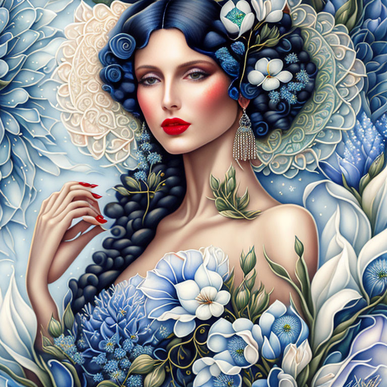 Illustrated Woman with Blue Flowers in Hair and Bouquet Dress