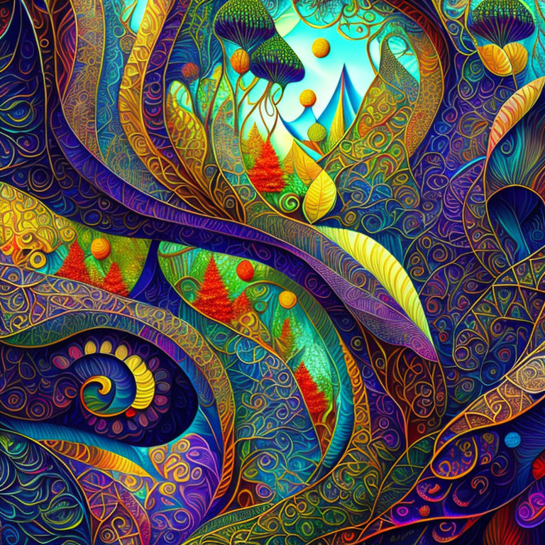 Colorful Psychedelic Digital Artwork with Swirling Shapes & Intricate Patterns