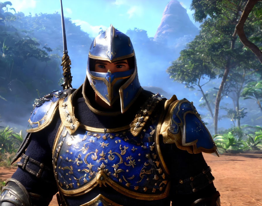 Knight in Blue and Gold Armor with Spear in Forest Setting