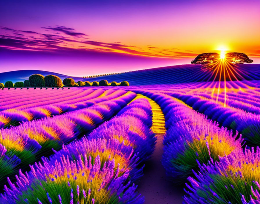 Lavender Fields at Sunset with Purple Sky and Solitary Tree