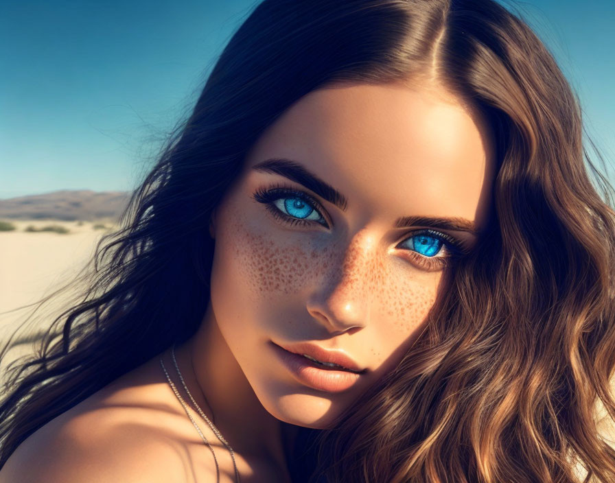 Woman with Blue Eyes, Freckles, and Brown Hair on Beach