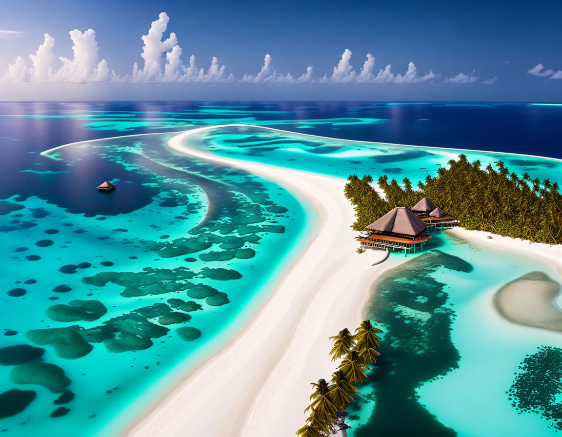 Sandy Spit with Overwater Bungalows and Coral Reefs