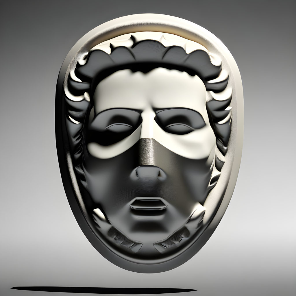 Metallic oval plaque with stylized human face profile in 3D rendering on gray background