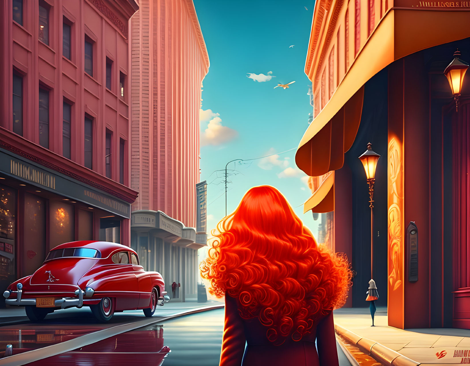 Vibrant red-haired woman on urban street with classic car and cityscape.