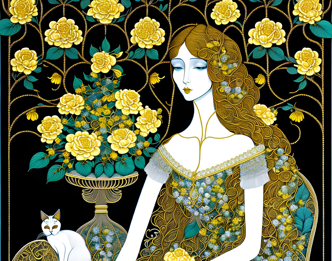 Art Nouveau-style illustration of woman with flowing hair, intricate patterns, yellow flowers, and white cat