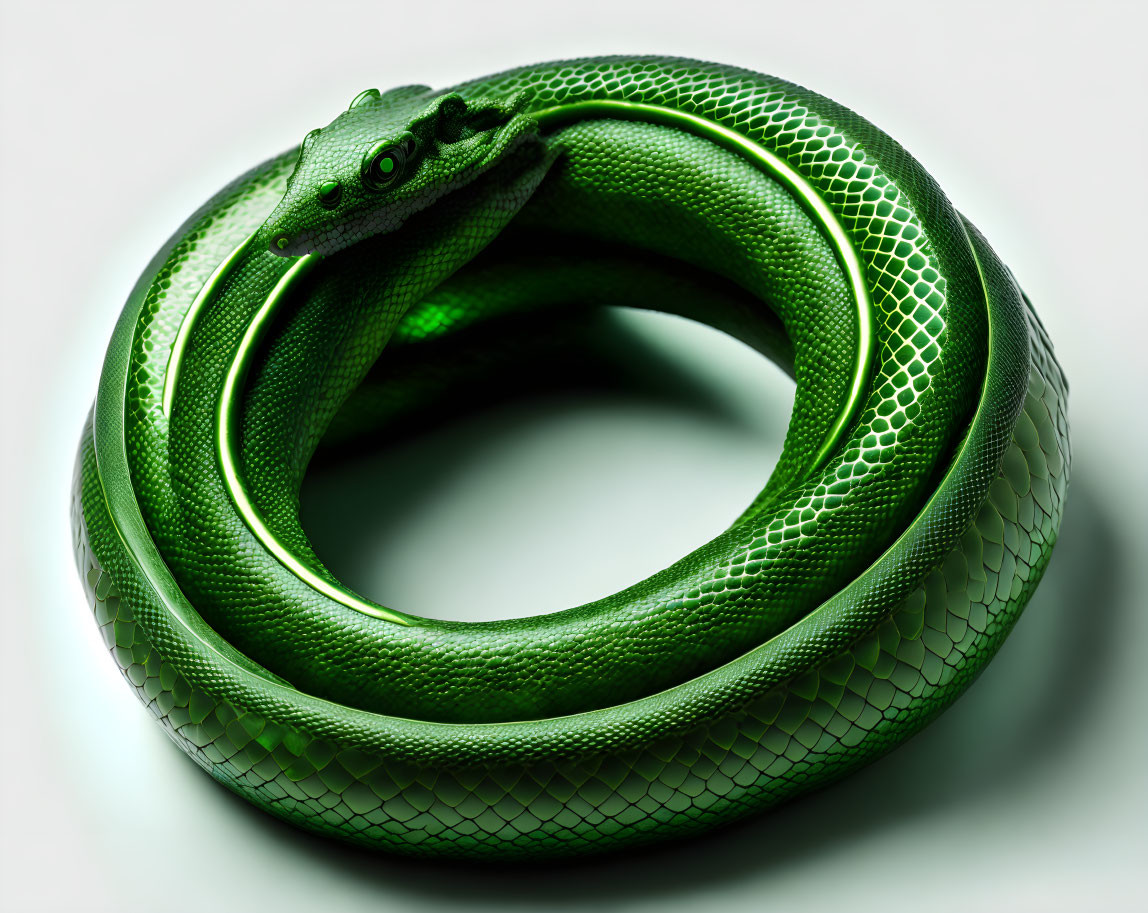 Green Snake Coiled in Perfect Circle on White Surface