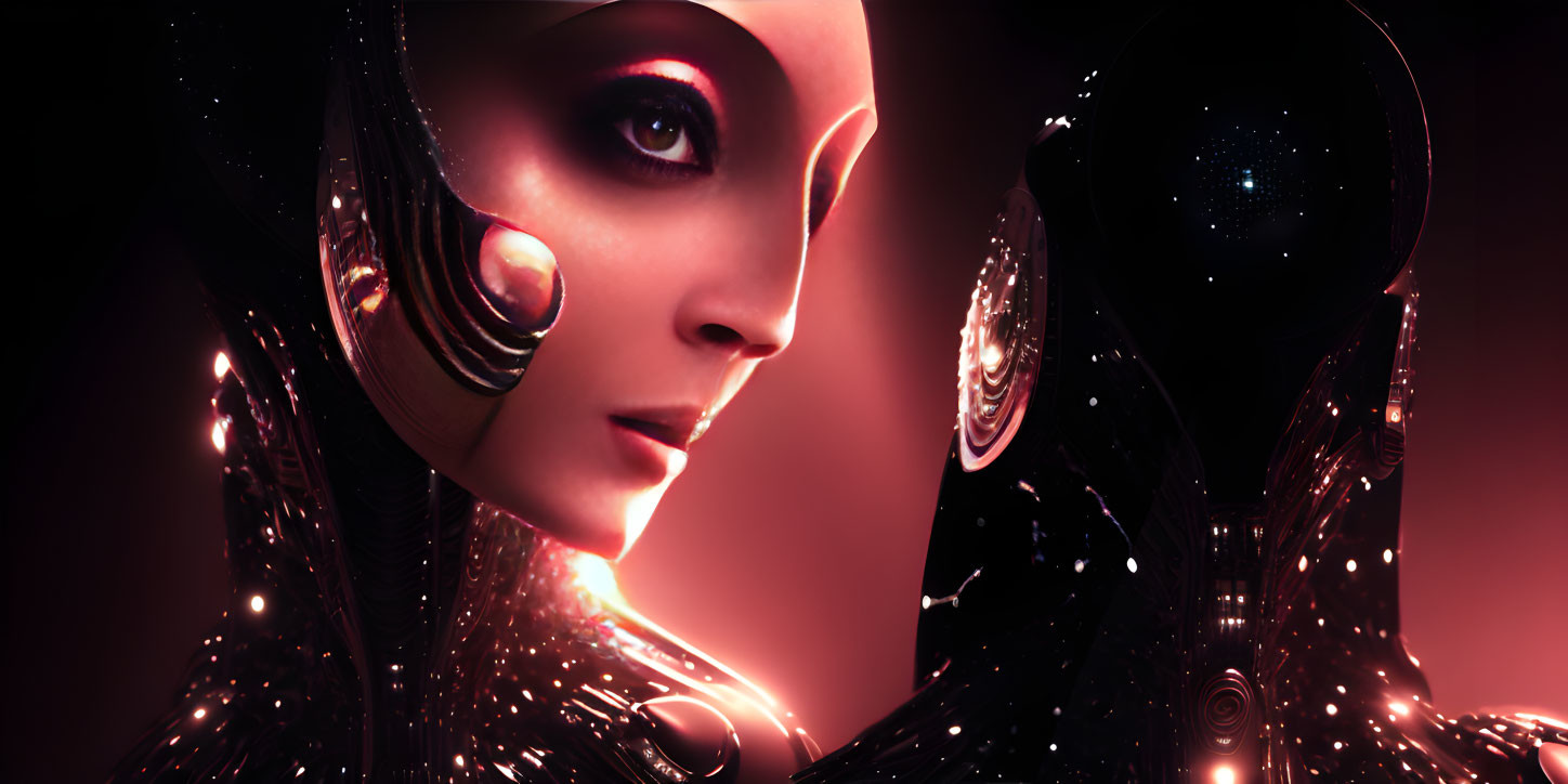 Futuristic female figure with glowing lines and cosmic patterns on skin