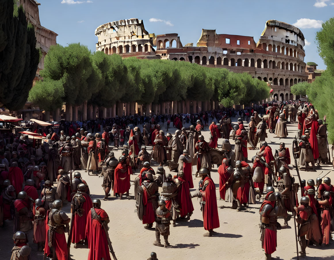 Roman soldier reenactment near Colosseum model under blue sky