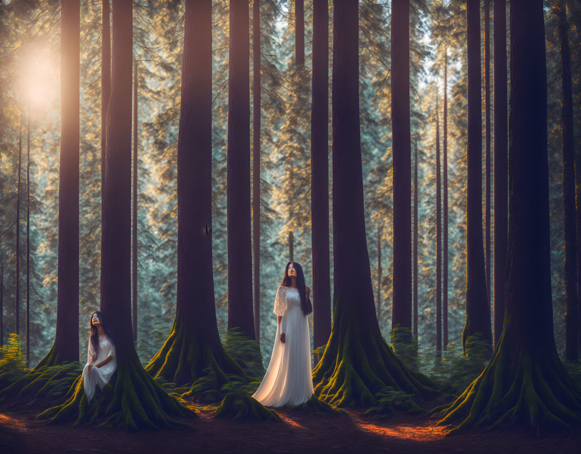 Women in White Dresses Sitting by Large Trees in a Mystical Forest