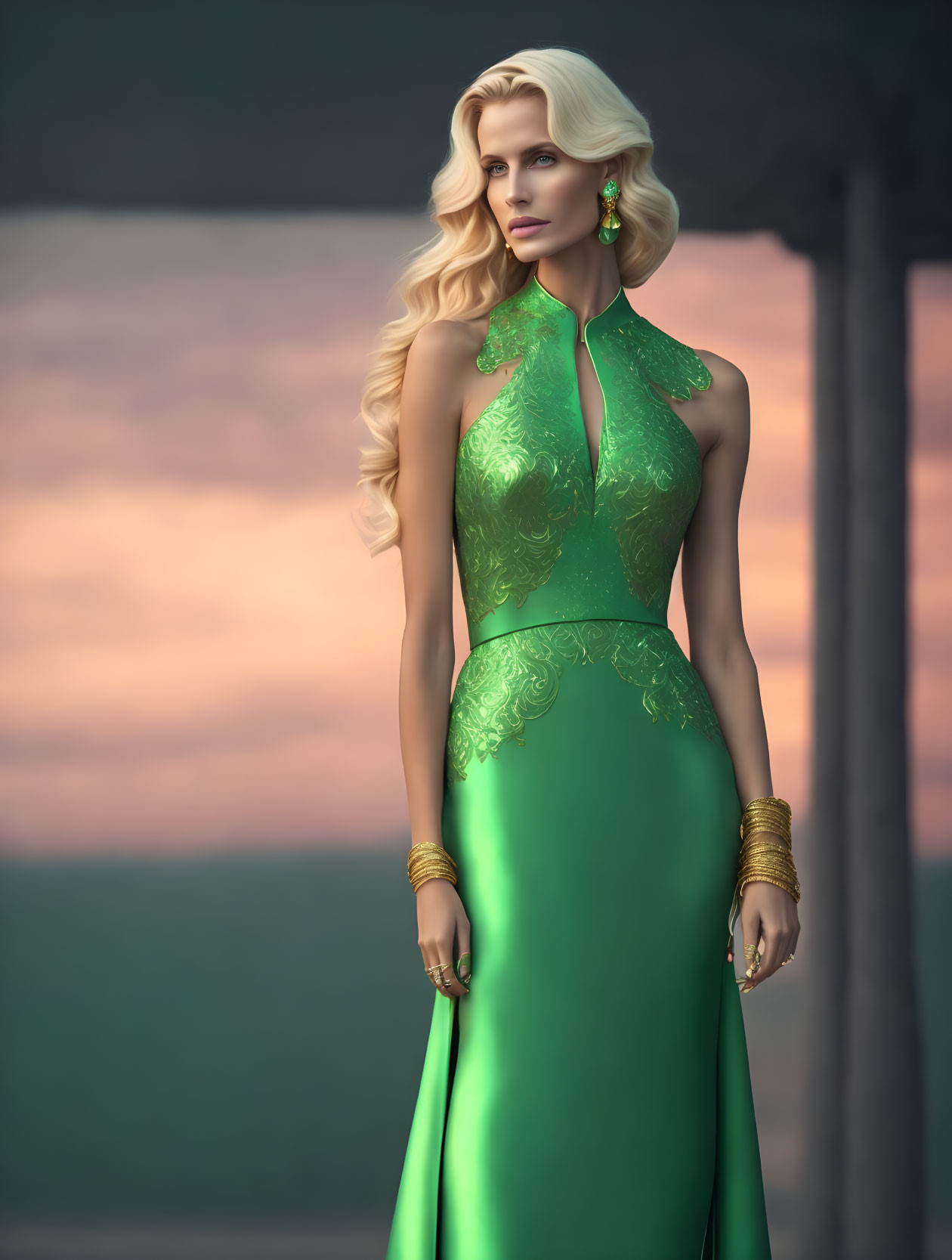 Blonde woman in green gown with gold jewelry against sunset.