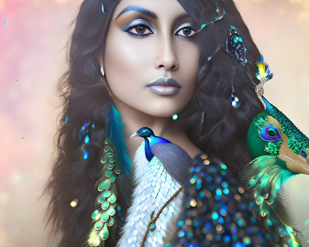 Woman with Peacock-Inspired Makeup and Feathers Next to Vibrant Peacock on Celestial