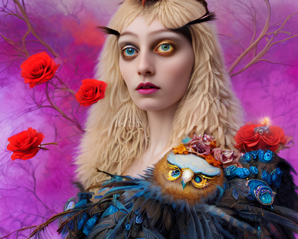 Surreal portrait: woman with owls, red roses, purple backdrop