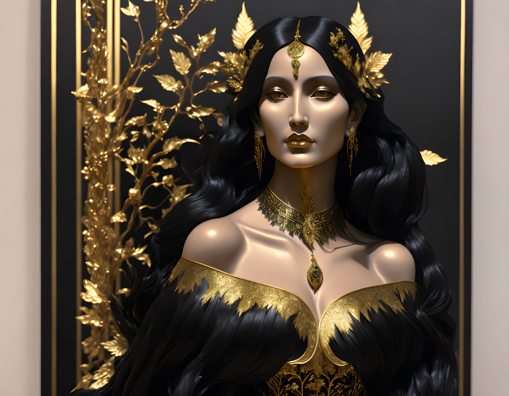 Illustration of woman with black hair, golden headpiece, jewelry, black and gold dress on golden