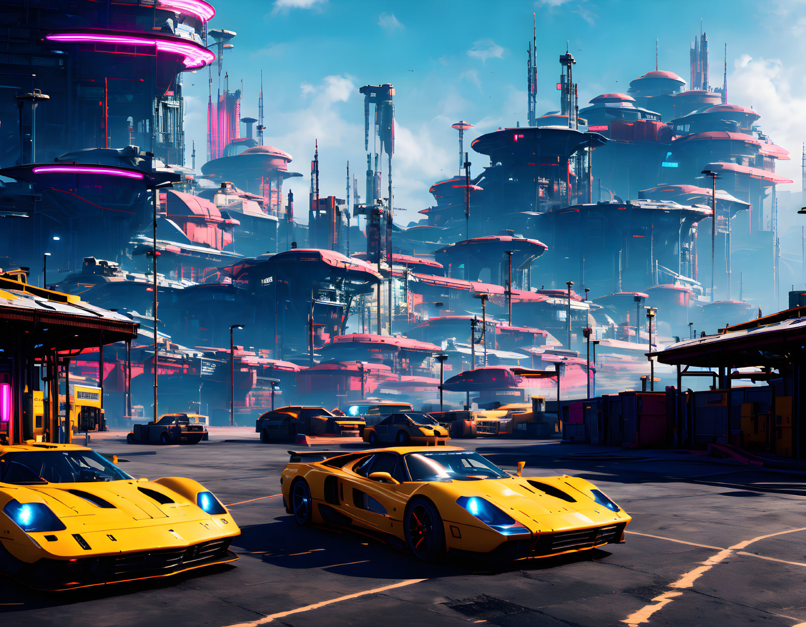 Futuristic cityscape with skyscrapers and sports cars.