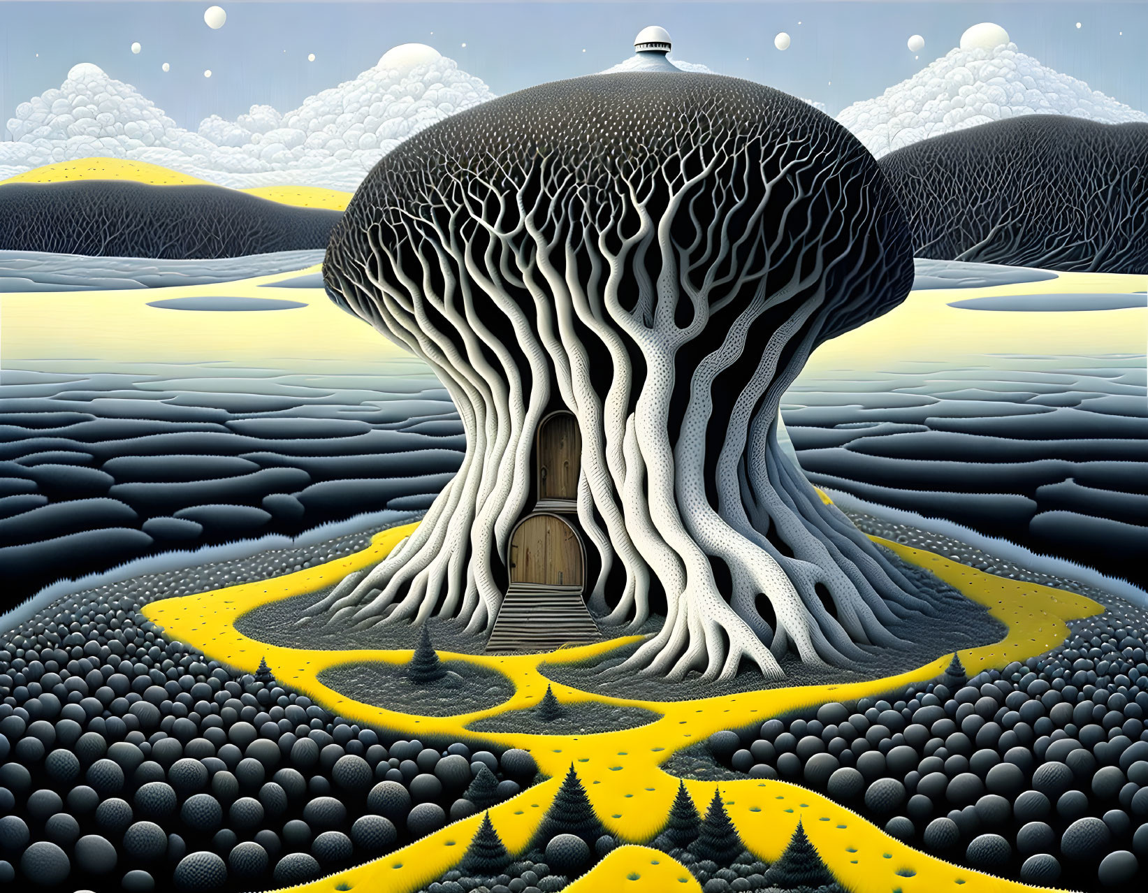 Surreal landscape with tree-like structure, doorway, UFO, hills, and starry sky