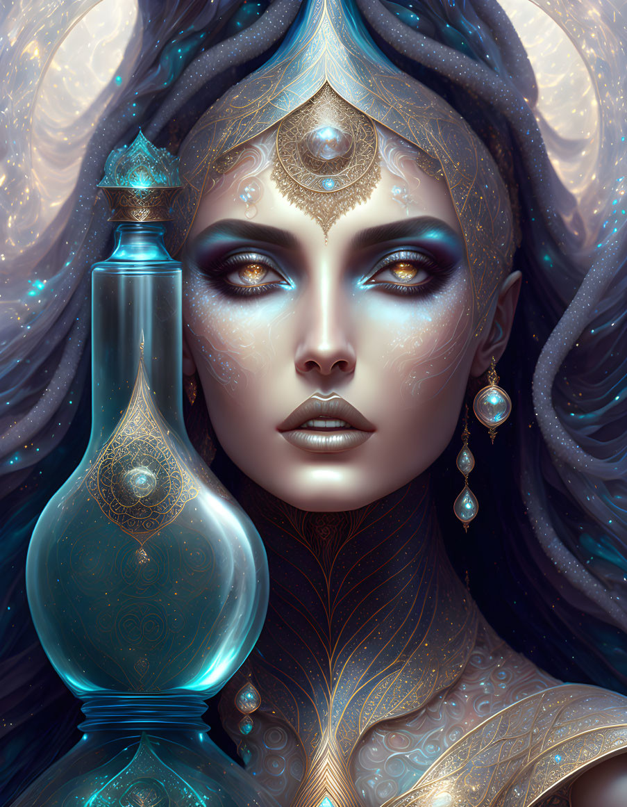 Fantasy portrait of woman with elaborate jewelry and cosmic backdrop