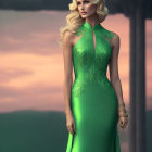 Blonde woman in green gown with gold jewelry against sunset.