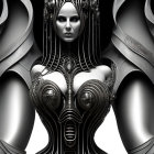 Monochrome futuristic metallic designs on woman's body and headpiece