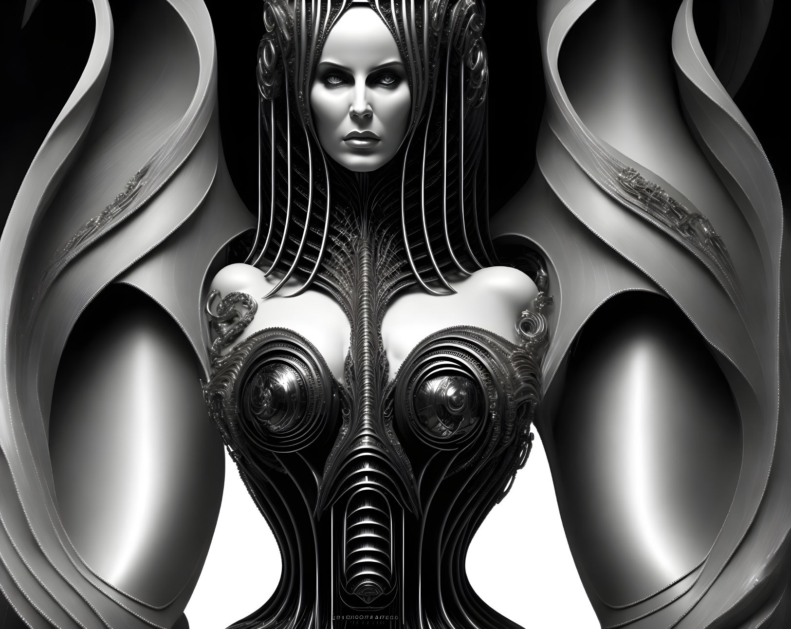 Monochrome futuristic metallic designs on woman's body and headpiece