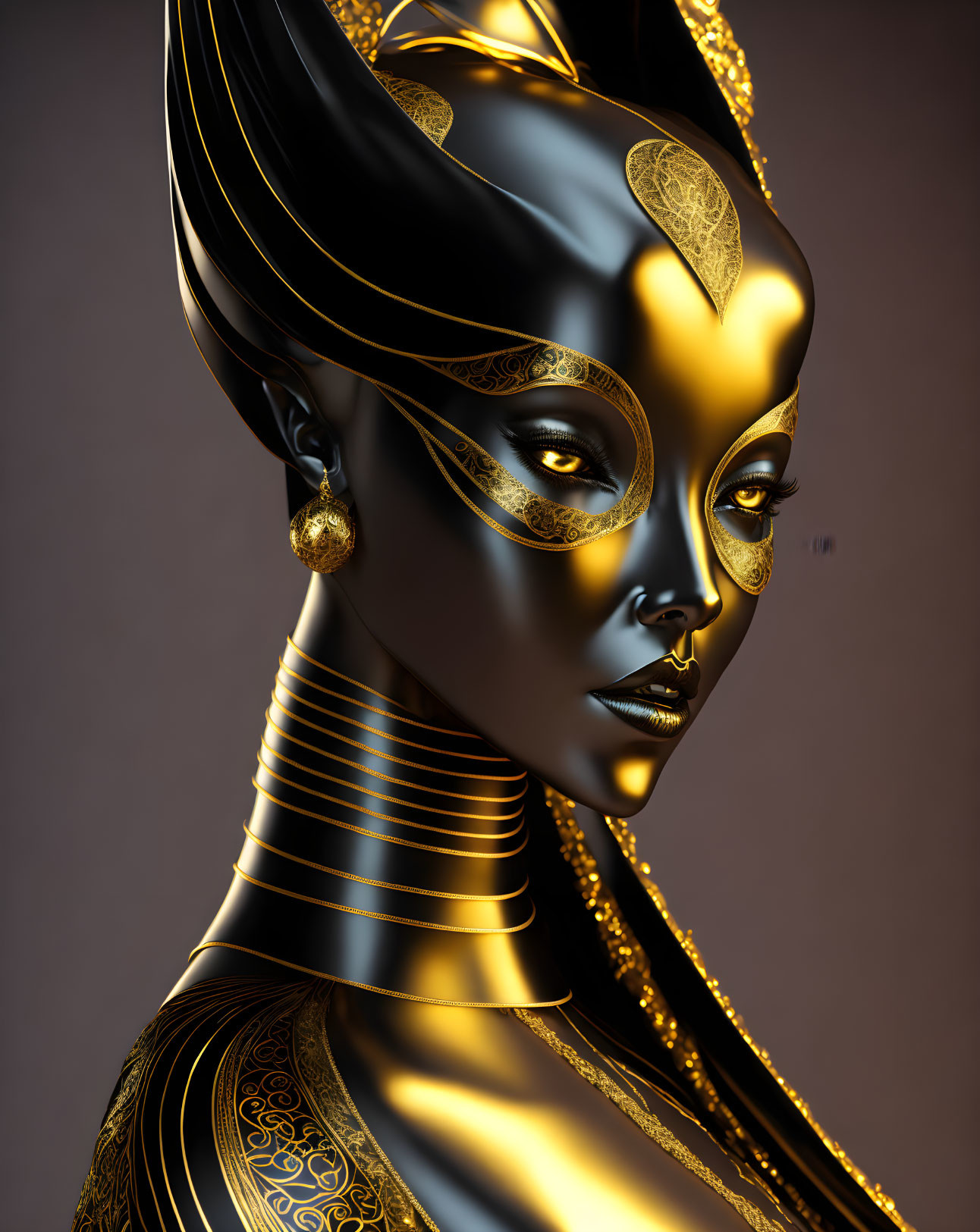 Woman in 3D digital art with golden skin accents and ornate headpiece on muted backdrop