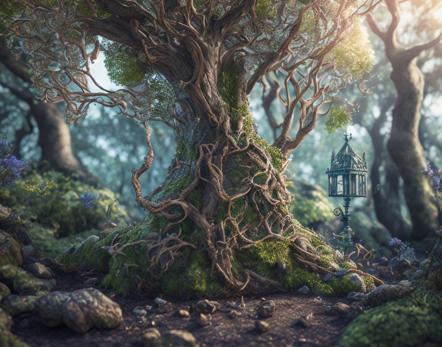 Whimsical tree with vintage lantern in enchanting forest