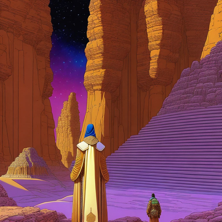 Yellow Cloaked Figure and Companion in Fantastical Desert Landscape