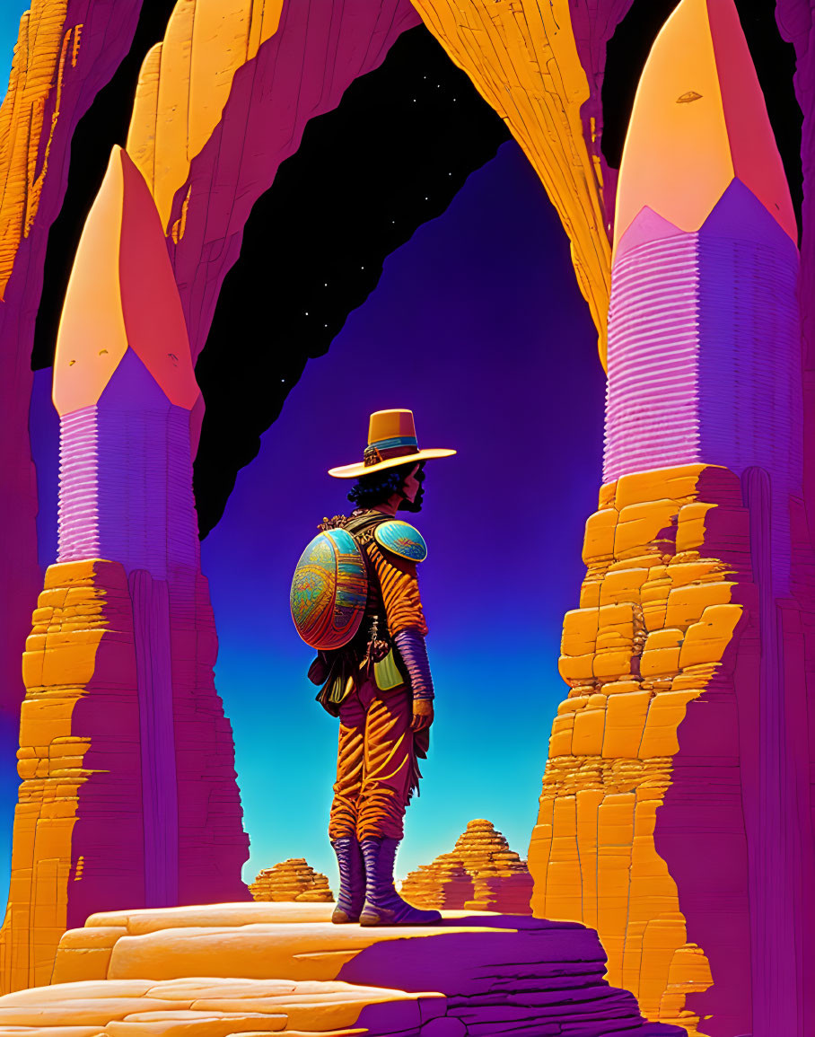 Illustration of solitary figure in poncho and hat at canyon entrance