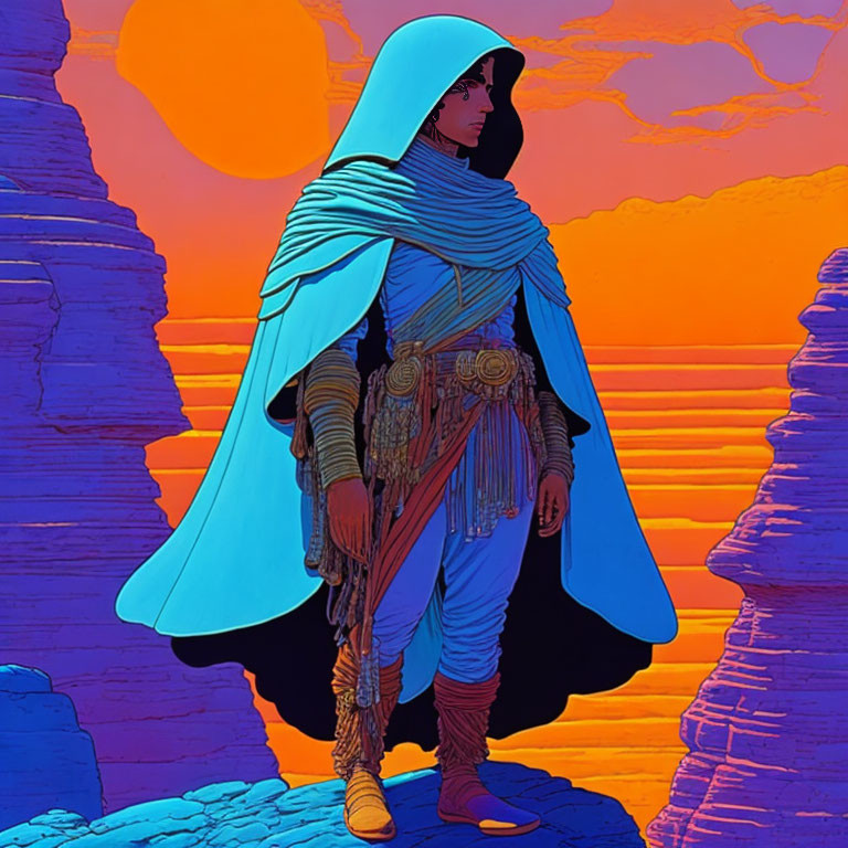 Cloaked figure with sword in alien desert landscape