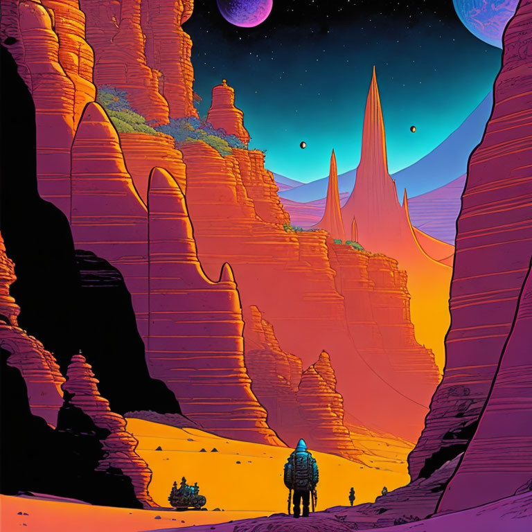 Person in alien desert with rock formations under starry sky.