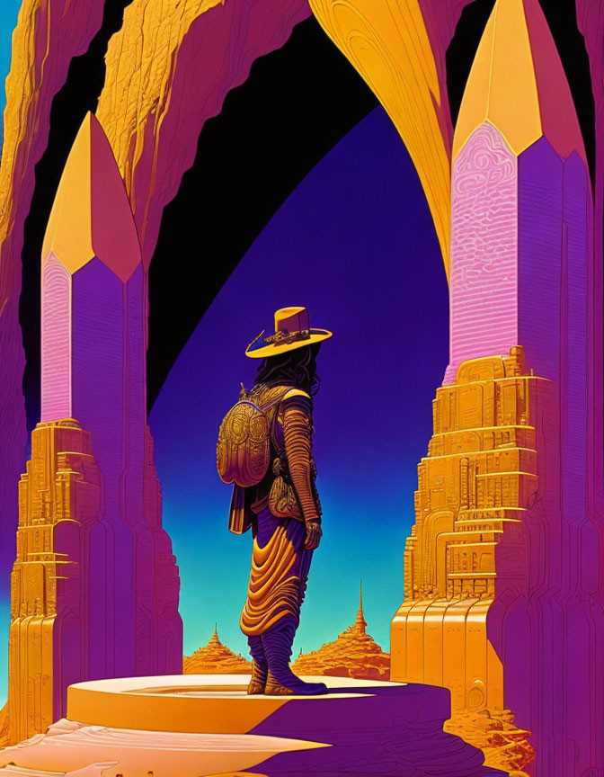 Illustration of figure in wide-brimmed hat in alien landscape