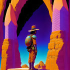 Illustration of figure in wide-brimmed hat in alien landscape