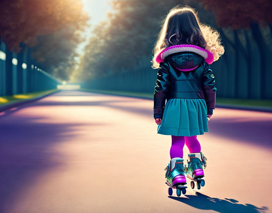 Young girl in pink tights roller skating on tree-lined sunlit path