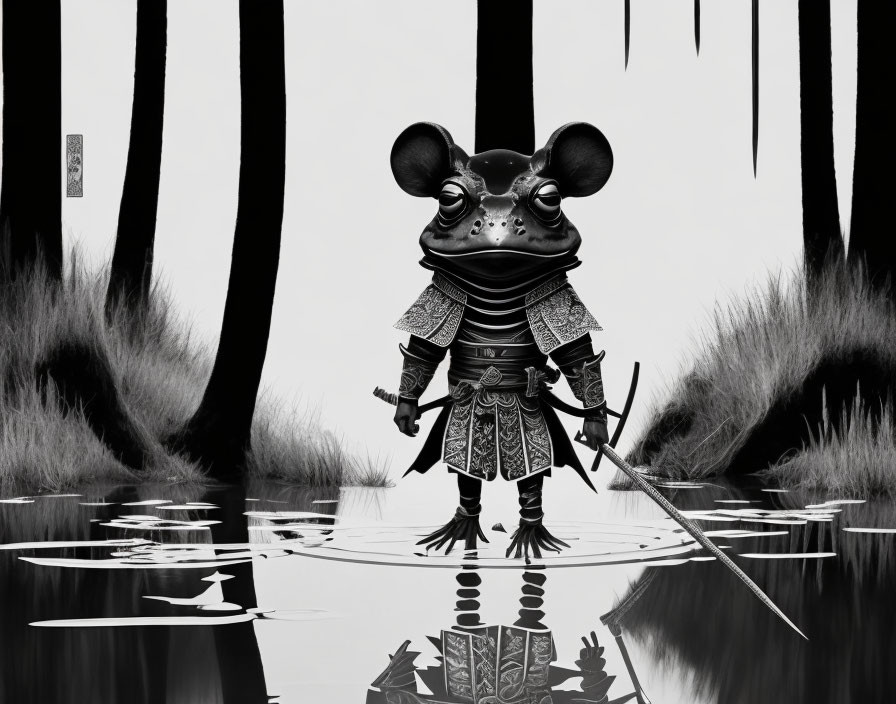 Monochrome anthropomorphic mouse in samurai armor with sword by water and trees