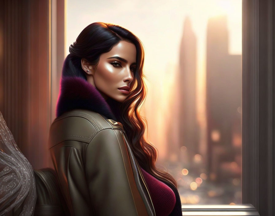 Dark-haired woman in fur-collar jacket looking aside against soft-lit cityscape at golden hour