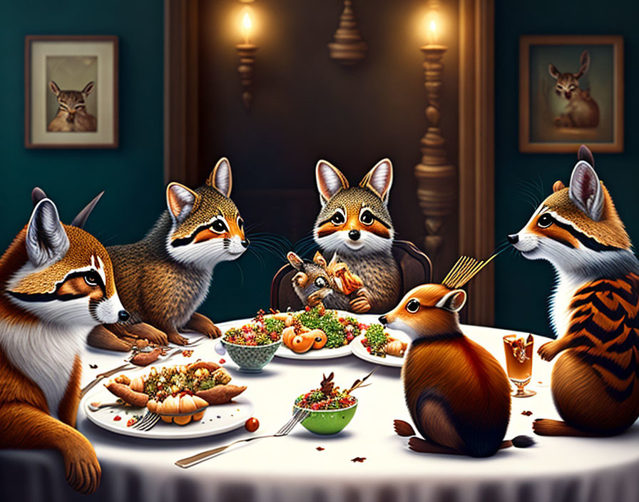 Anthropomorphic raccoons feast under elegant lighting with rabbit portrait.