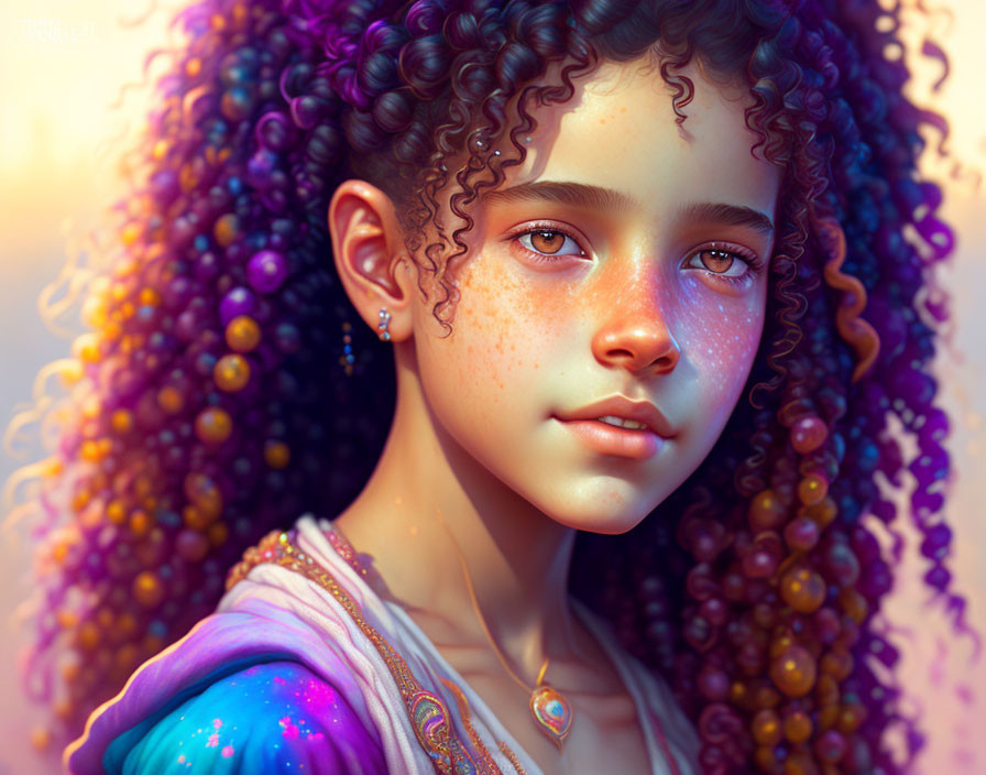 Digital portrait: Young girl with curly hair, freckles, expressive eyes, purple and gold outfit