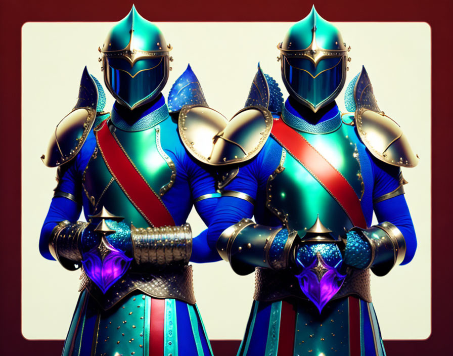 Three Knights in Blue and Silver Armor Against Maroon Backdrop