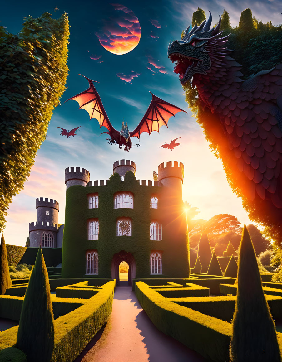 Dragons flying over castle and gardens at sunset with moon.