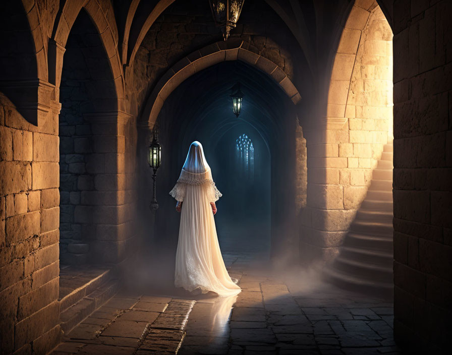 Person in White Dress and Veil Walking Through Dimly Lit Arch-Lined Corridor