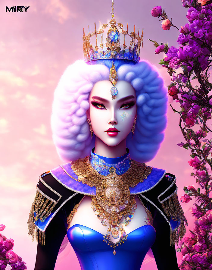 Regal figure with blue and gold crown and purple hair among pink flowers